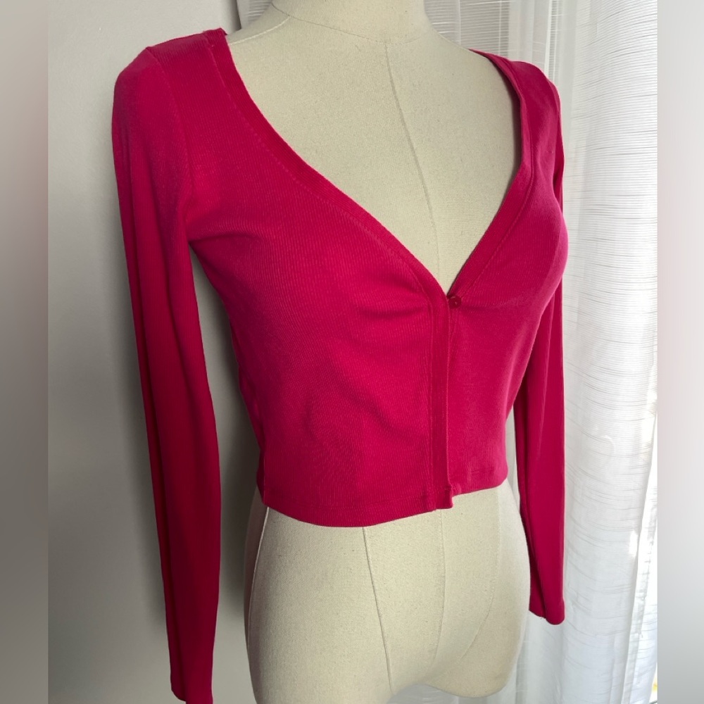 Zara Pink One Button Cropped Ribbed Cardigan Size Medium - Picture 7 of 7